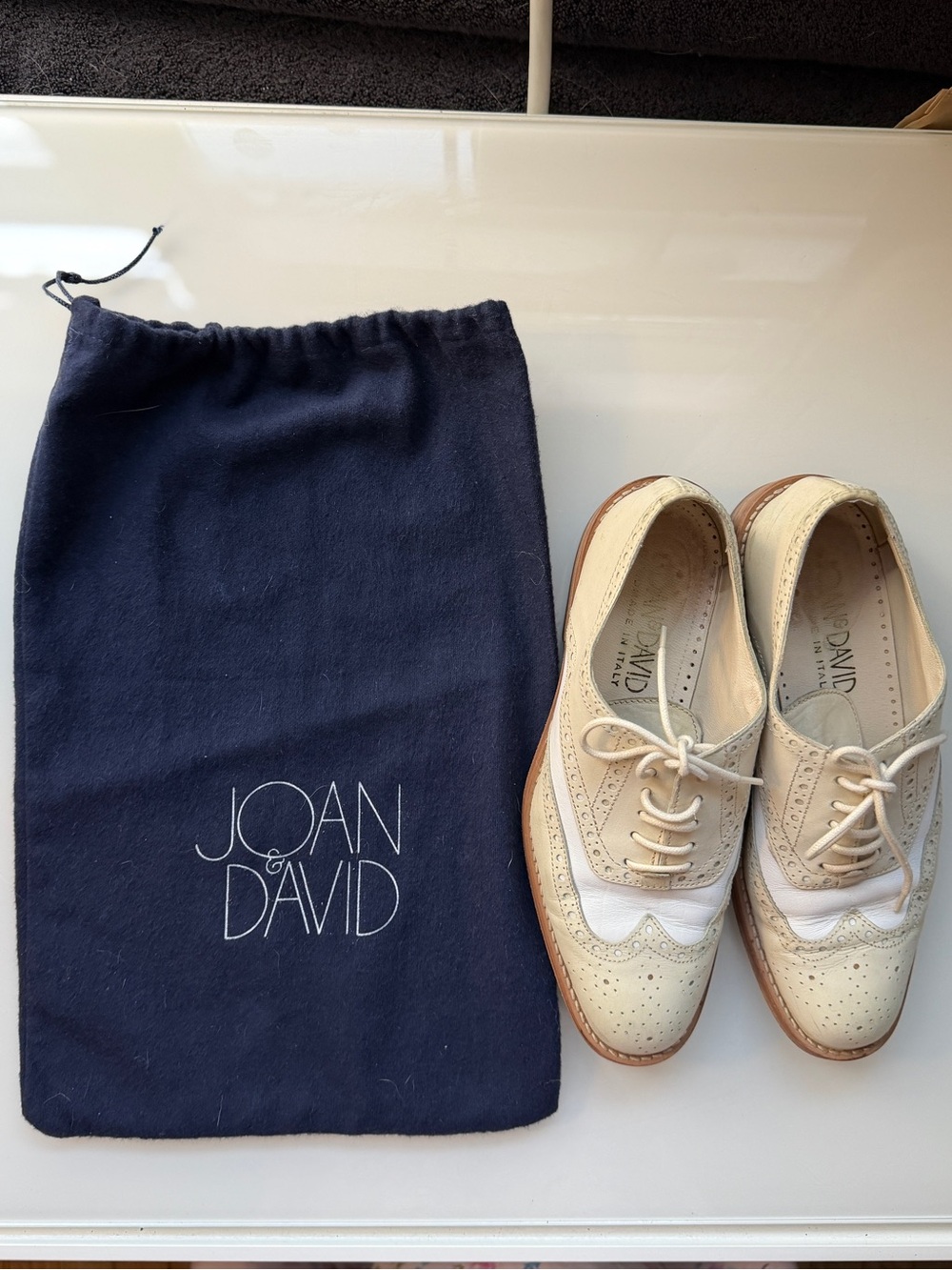 Joan & David Two-Tone Cream and White Wingtip Oxfords